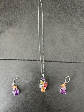 Multi-Gem Silver Necklace and Earring Set - Purple, Orange, Green
